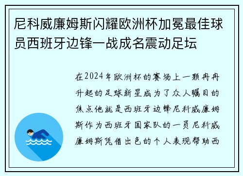 尼科威廉姆斯闪耀欧洲杯加冕最佳球员西班牙边锋一战成名震动足坛