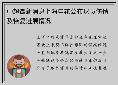 中超最新消息上海申花公布球员伤情及恢复进展情况