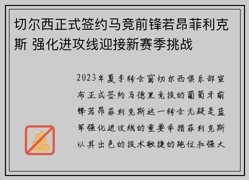 切尔西正式签约马竞前锋若昂菲利克斯 强化进攻线迎接新赛季挑战